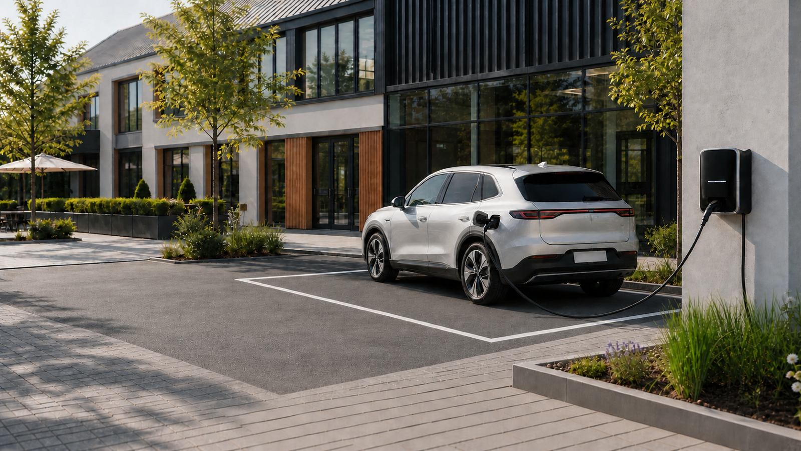 Elektroauto auf einem einzelnen, schlicht umrandeten Ladeplatz direkt vor einer öffentlich zugänglichen Wallbox an einem modernen Gewerbestandort