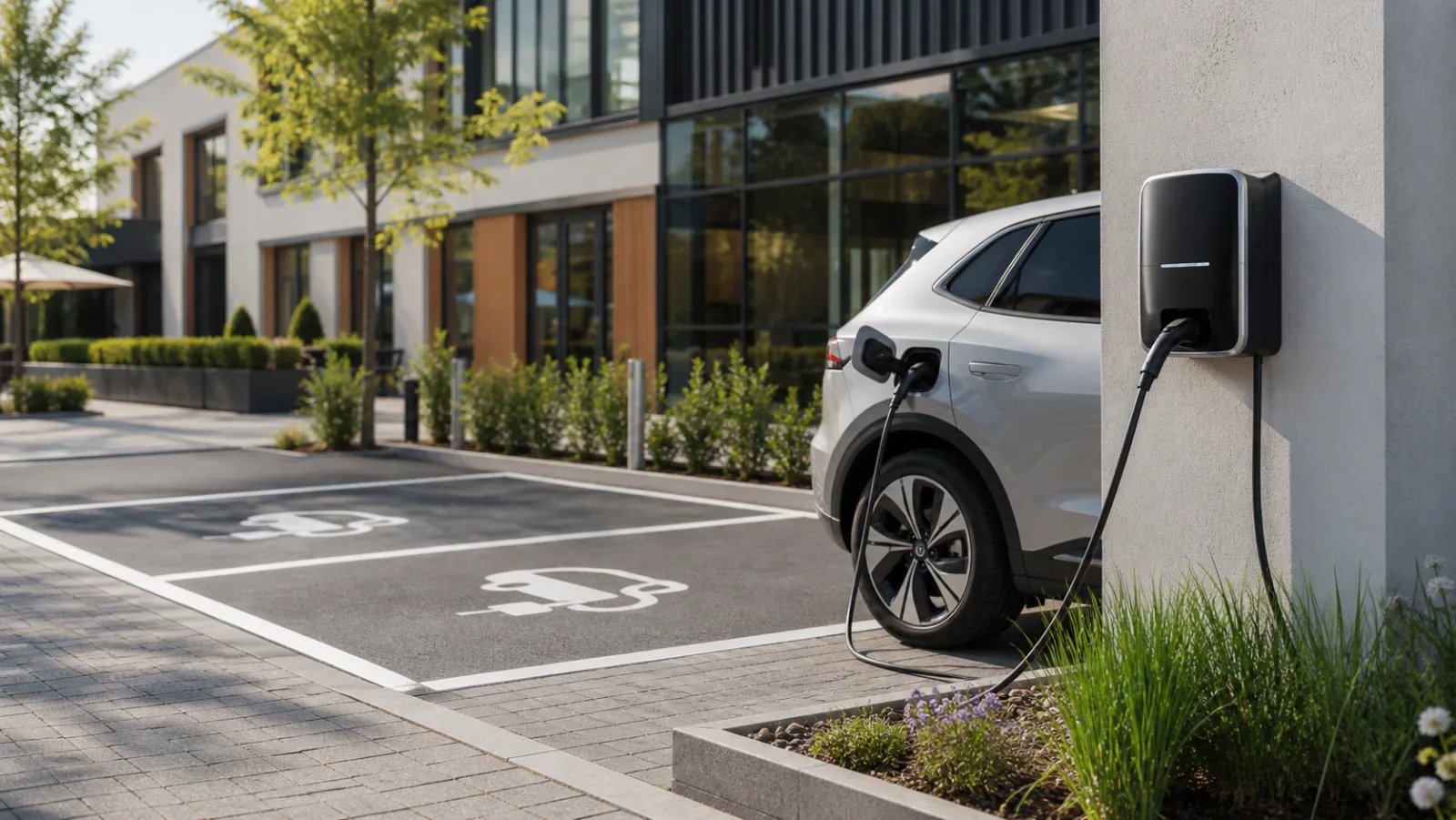 Öffentlich zugängliche Wallbox mit angeschlossenem Elektroauto und freien Ladeplätzen an einem modernen Gewerbestandort