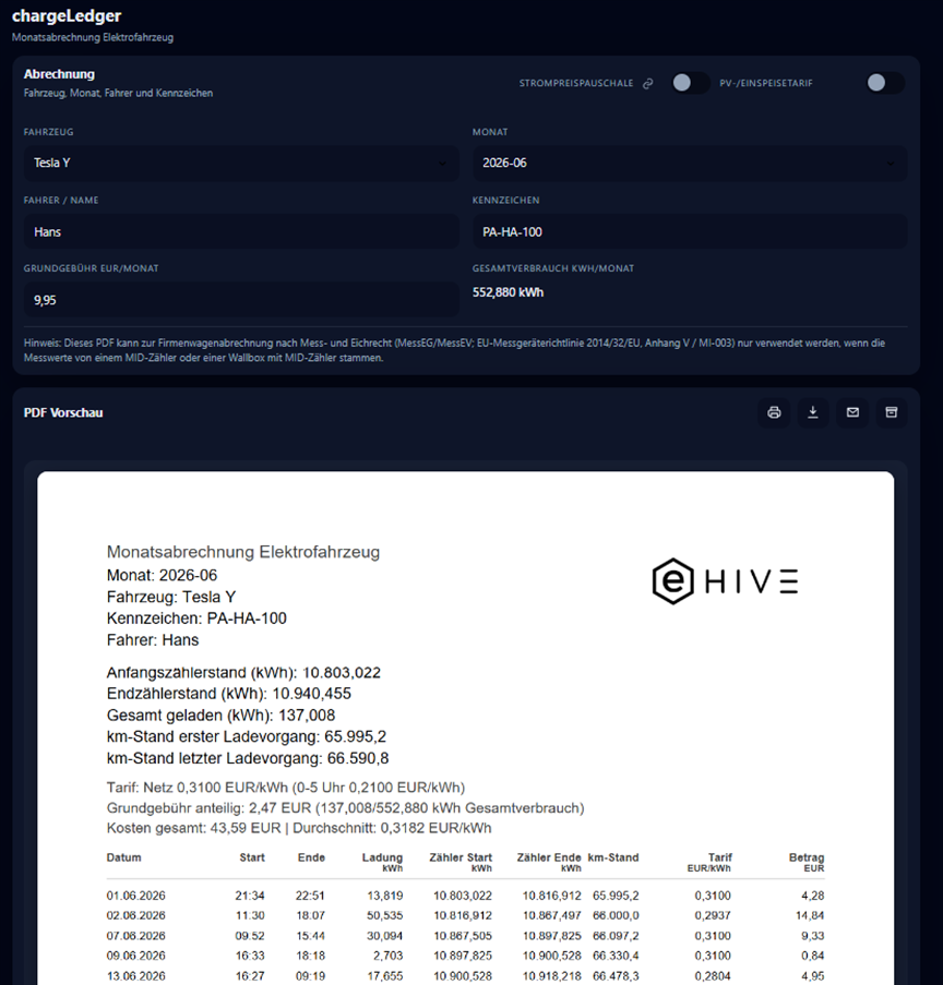 Aktuelle chargeLedger Ansicht mit Abrechnung, Kostenoptionen und PDF-Vorschau