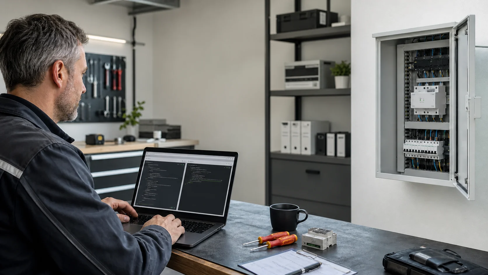 Elektrofachkraft arbeitet am Laptop und greift aus der Ferne auf einen eHive One im Schaltschrank eines Hauses mit Photovoltaik und Wallbox zu