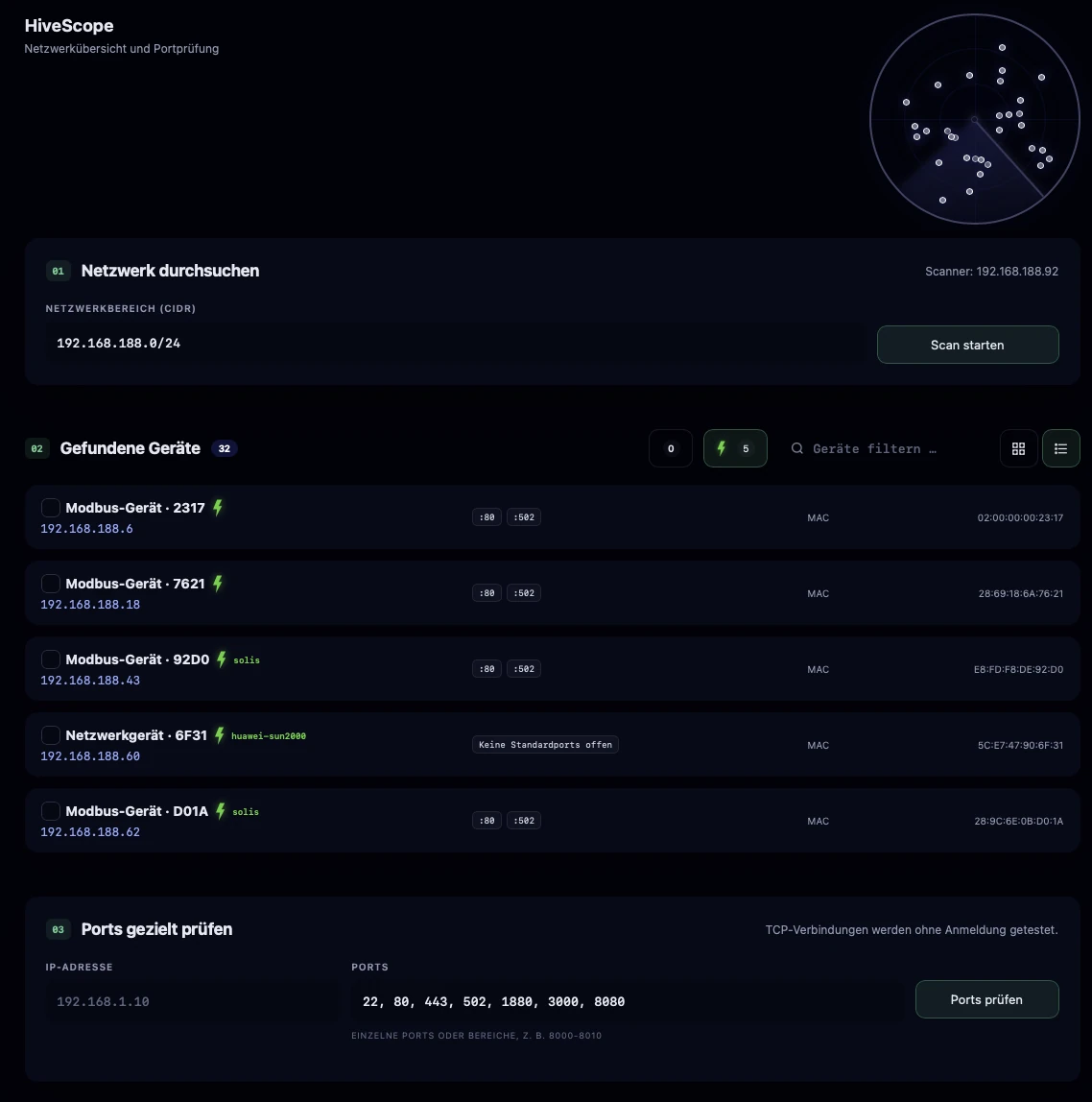 HiveScope-Oberfläche mit 32 gefundenen Netzwerkgeräten sowie möglichen Solis- und Huawei-Templates
