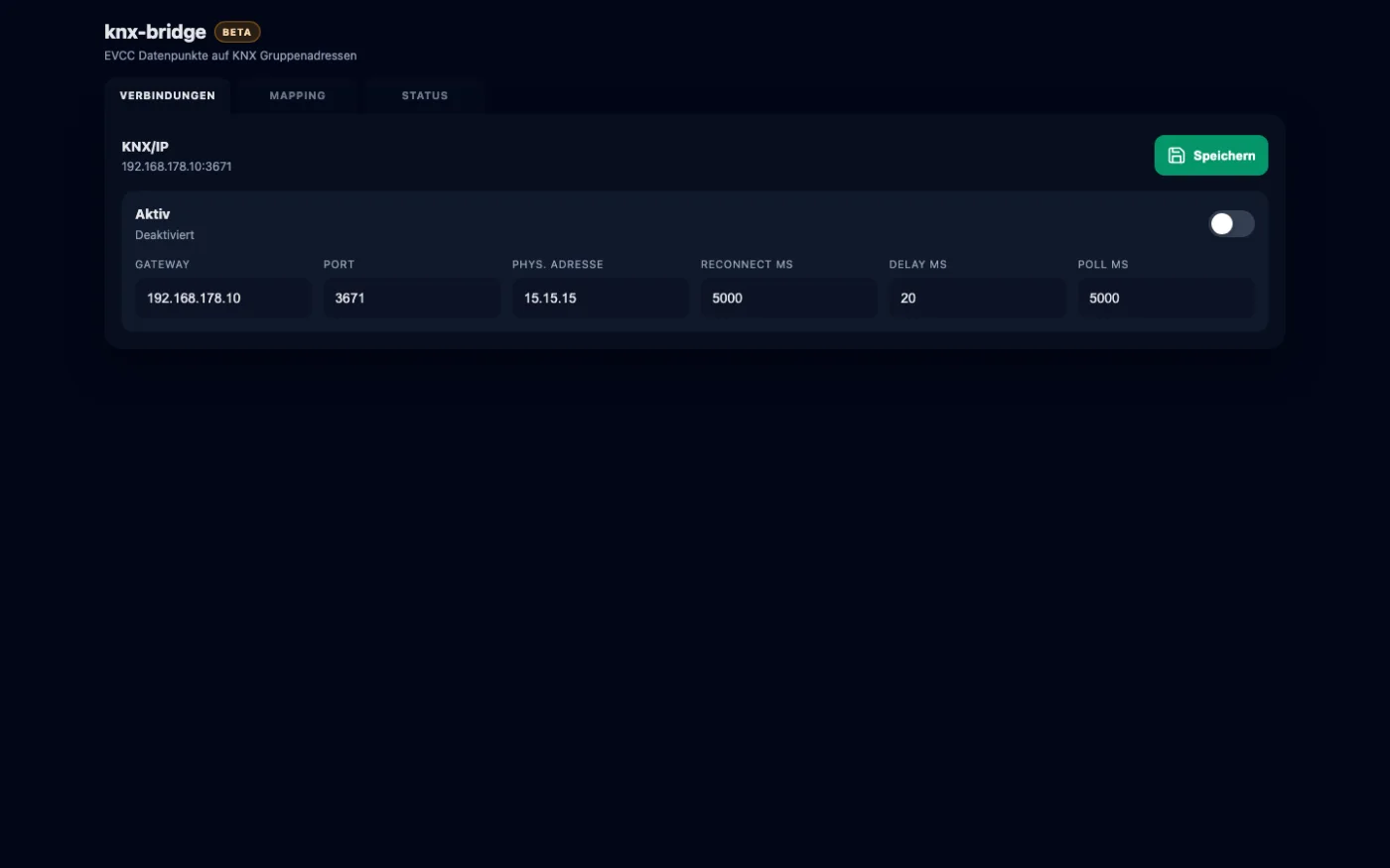 Weboberfläche der laufenden eHive KNX Bridge Beta mit KNX-IP-Konfiguration und den Bereichen Verbindungen, Mapping und Status