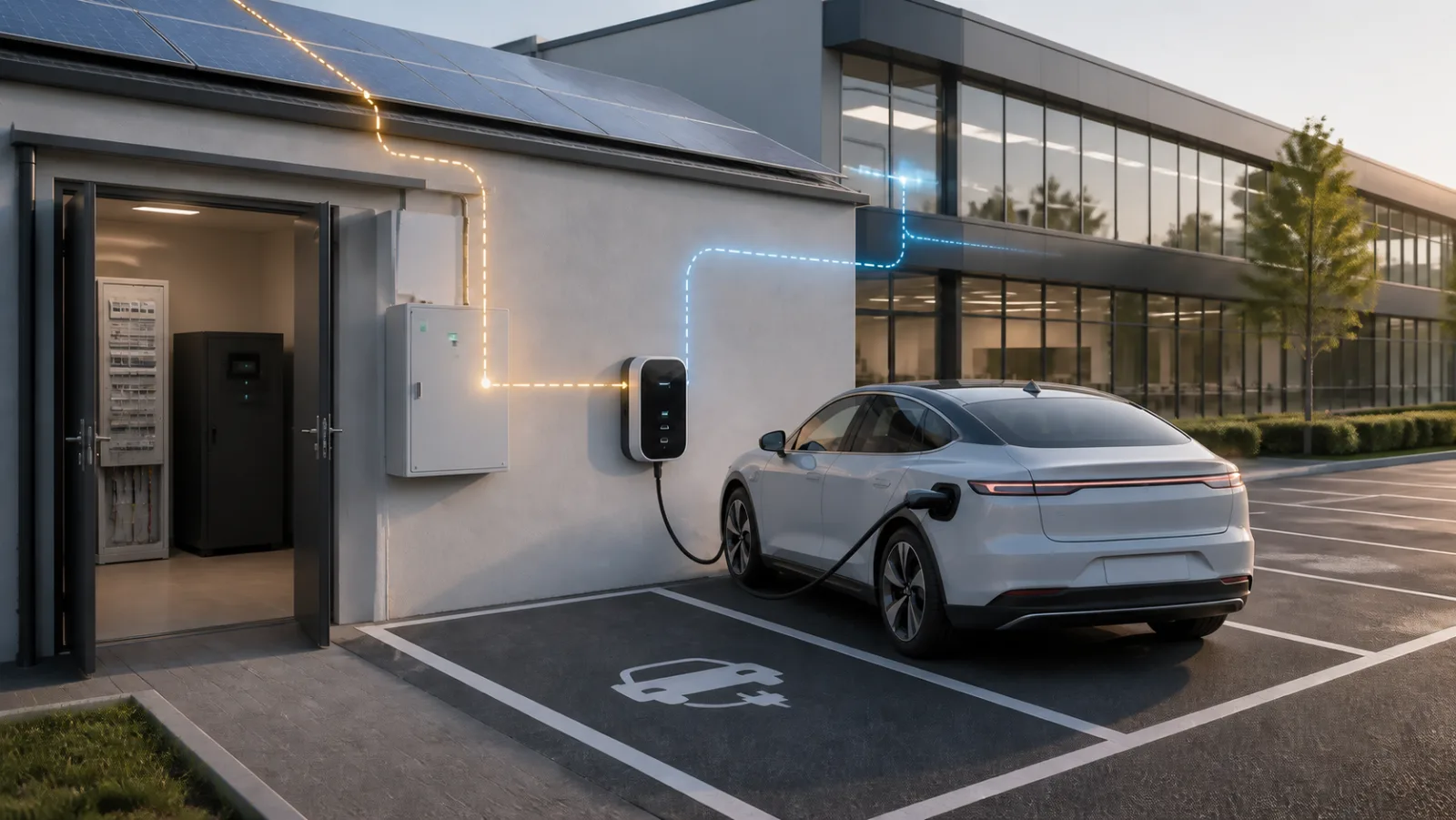 Elektroauto innerhalb einer markierten Ladebucht an einem modernen Gebäude mit Photovoltaikanlage, Wallbox und vernetztem KNX-Schaltschrank